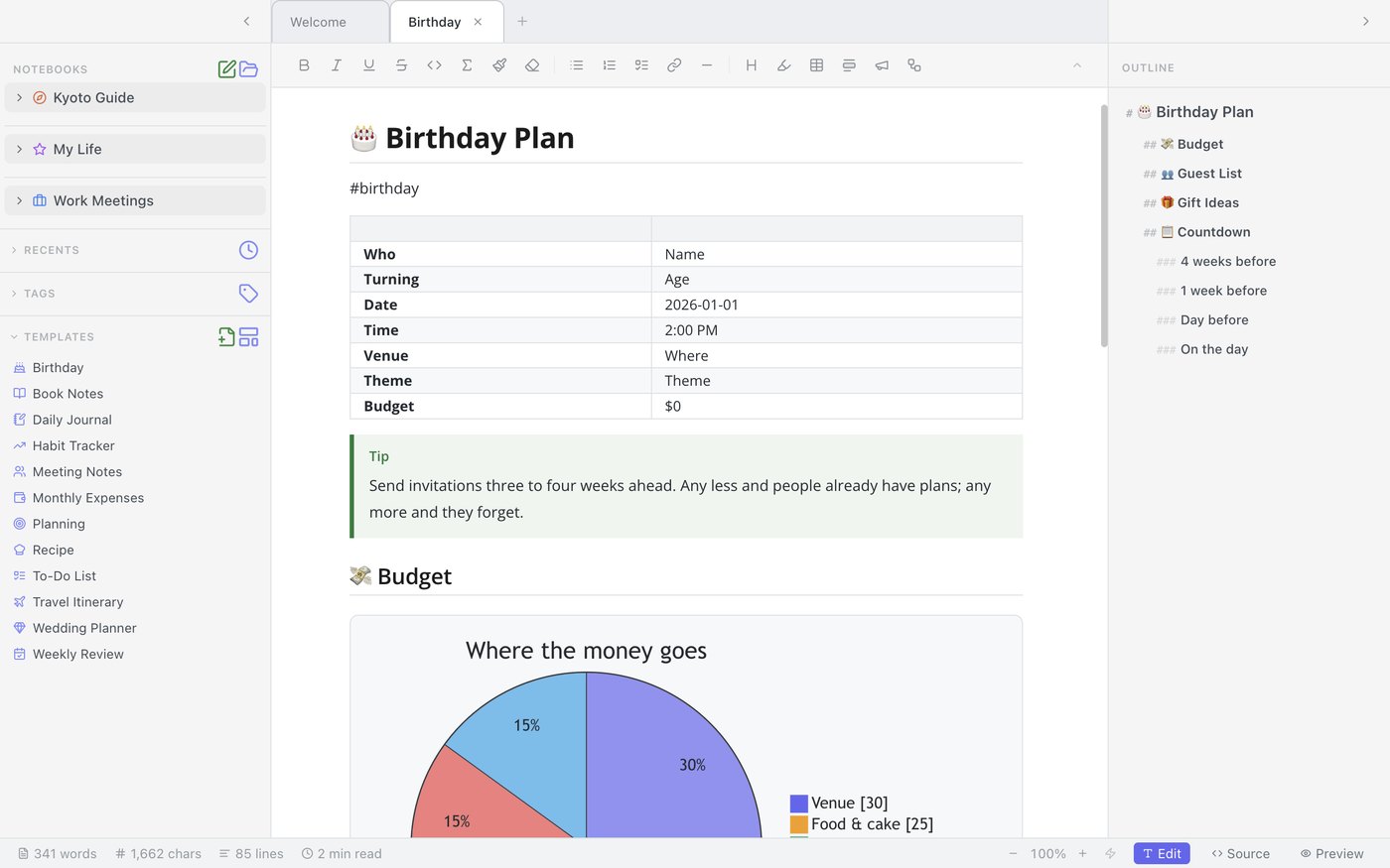 Mint's sidebar listing twelve built-in templates, next to a Birthday Plan note built from one of them — complete with a table, a tip callout, and a budget chart.